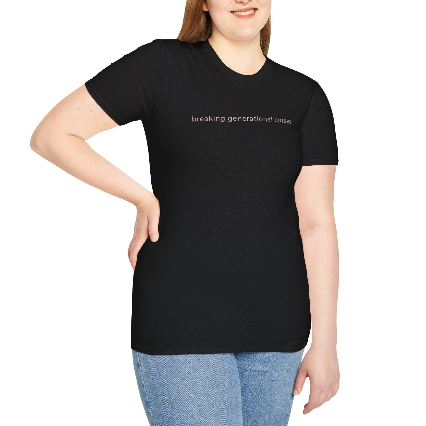 Woman wearing a black t-shirt with text breaking generational curses on a white background