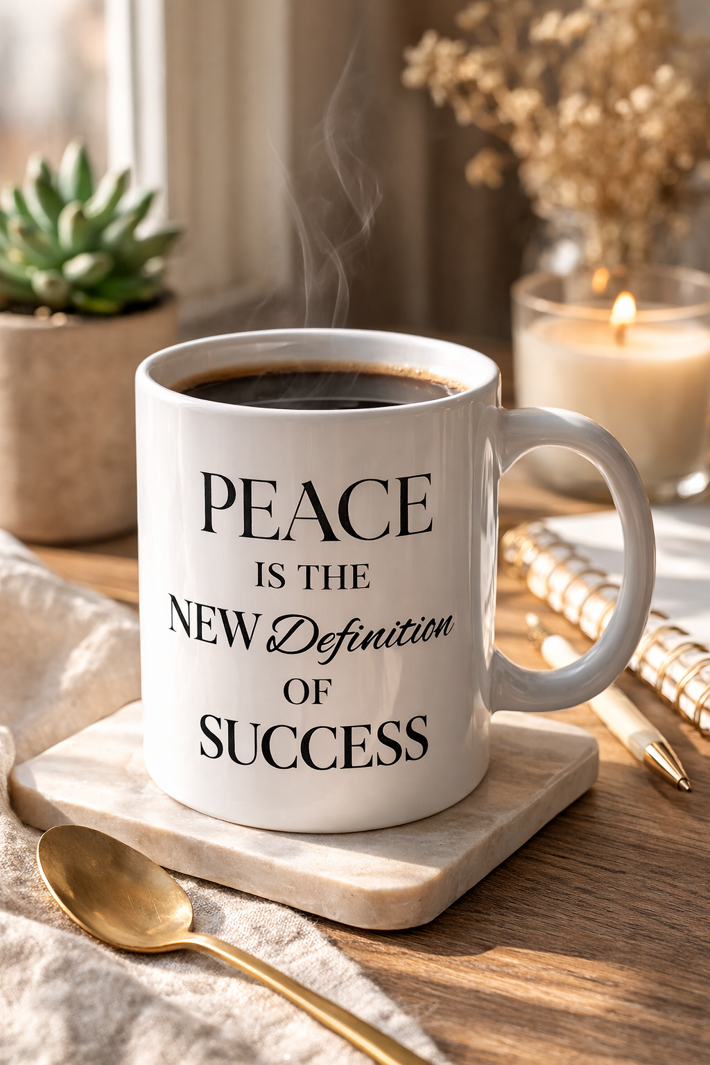 White mug with 'Peace is the new definition of success' text on a wooden coaster with coffee and candles in the background.