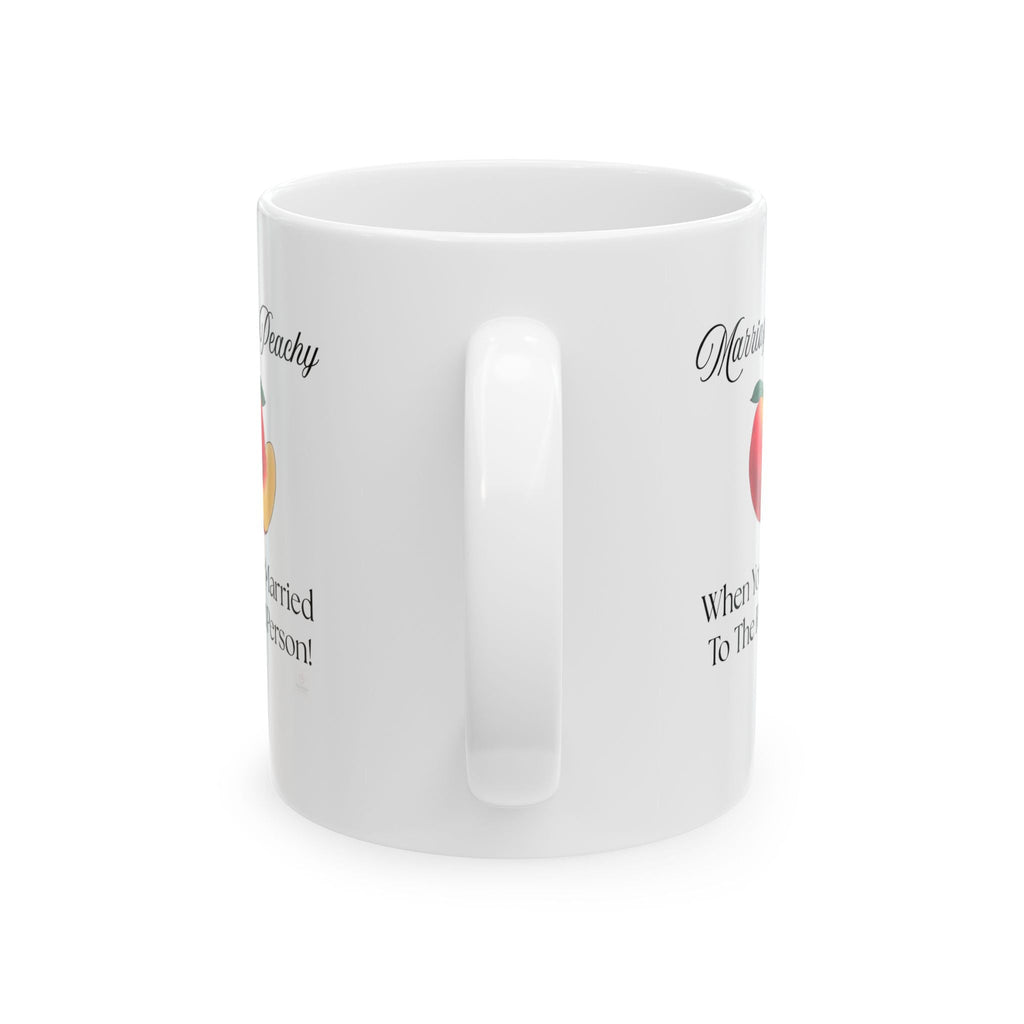 Peach illustration marriage mug with text on a white background. Side View.