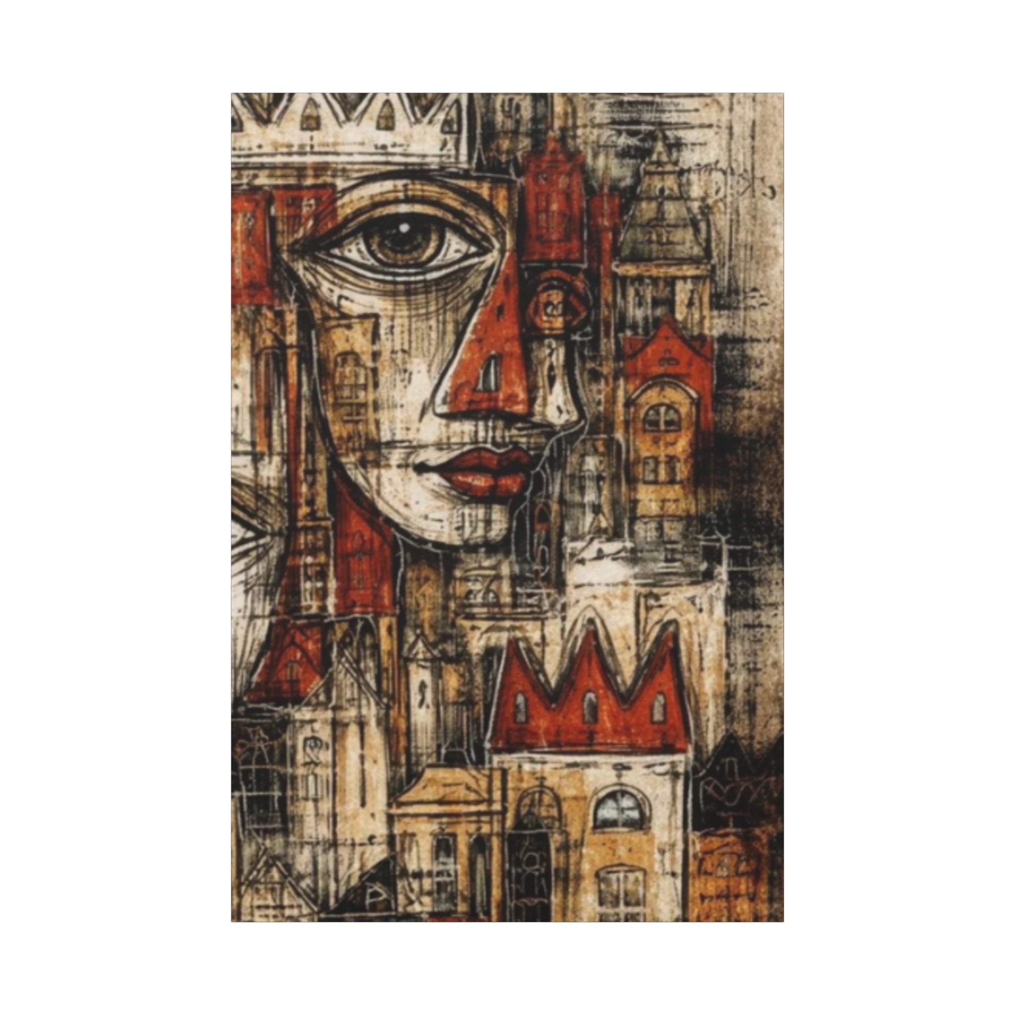 Abstract artwork with a face and architectural elements on a textured background. Entitled Constructed Chaos-40x60
