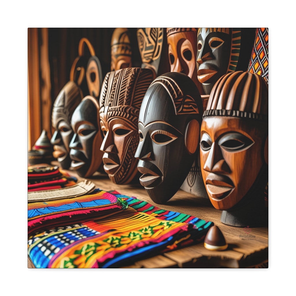 Collection of African wooden masks with colorful fabric in the foreground by Relatable Designs.