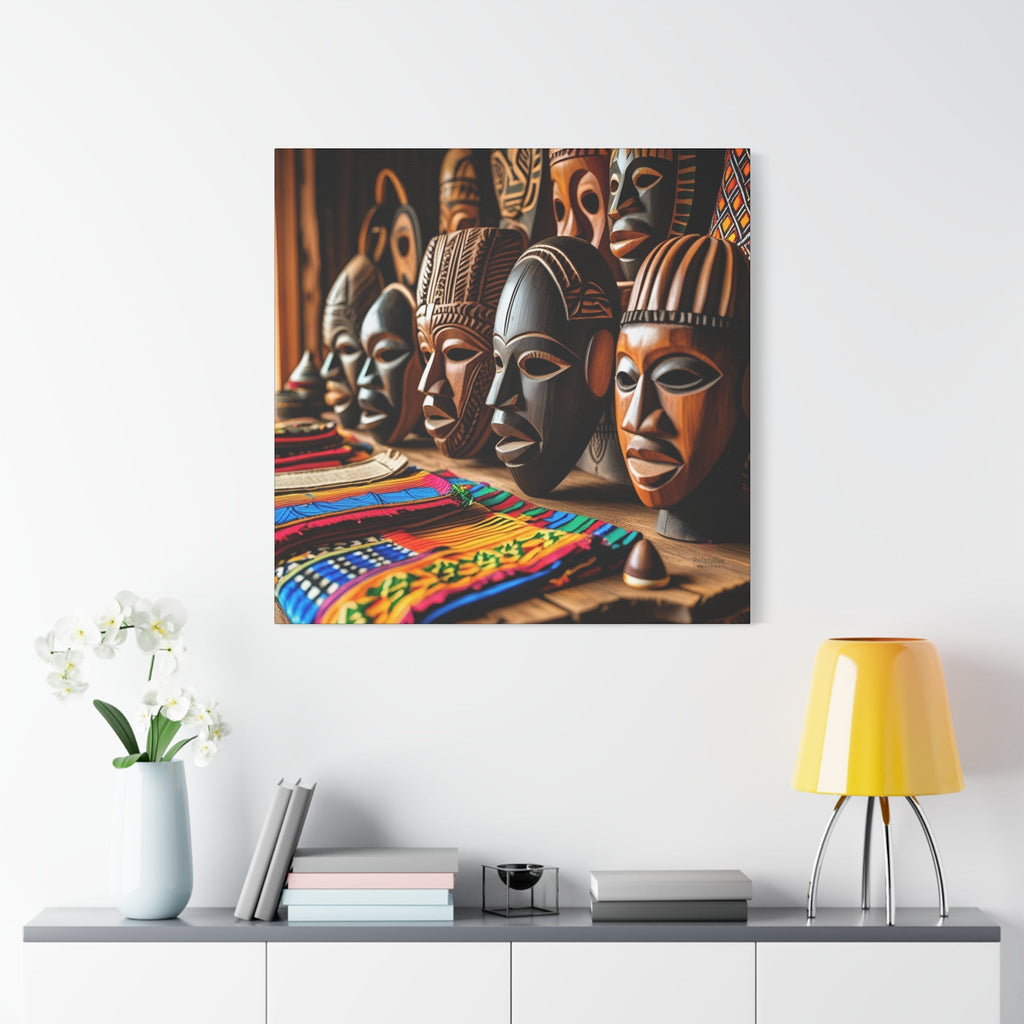 Boho Canvas print of African masks on a wall above a table with decor items. 