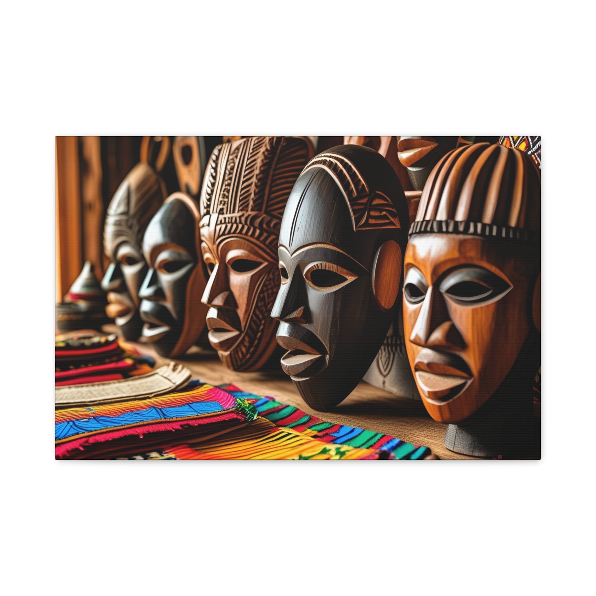 Row of wooden masks with intricate designs on a wooden surface - 24X16.