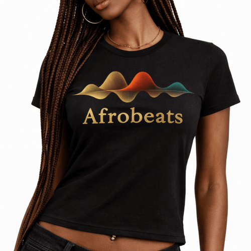 Female model wearing black t-shirt with 'Afrobeats' text and colorful sound waves by Relatable Designs.