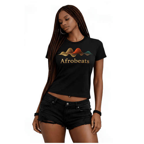 Woman wearing a black t-shirt with 'Afrobeats' text and colorful sound waves design on a white background
