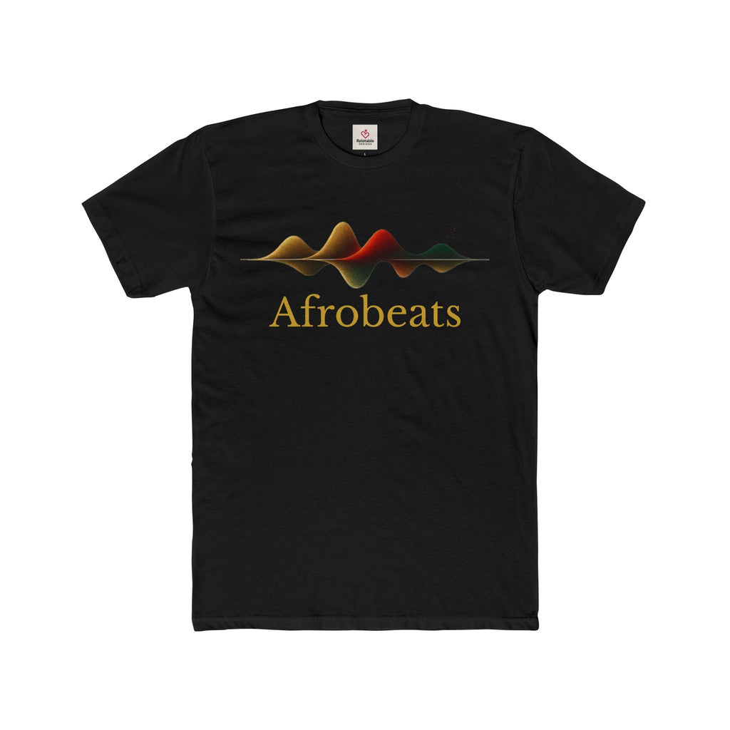 Black t-shirt with 'Afrobeats' text and design on a white background