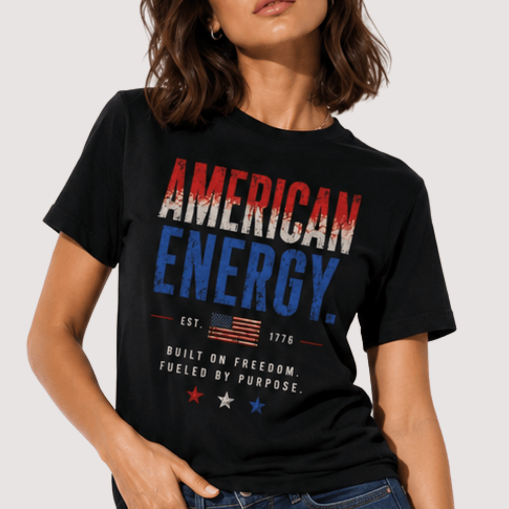 American Energy patriotic graphic t-shirt on black unisex tee featuring distressed red, white, and blue design celebrating American pride and freedom by Relatable Designs.