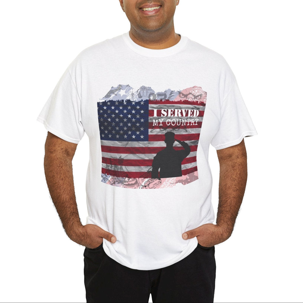 Man wearing a white t-shirt with an American flag and silhouette graphic on a white background.