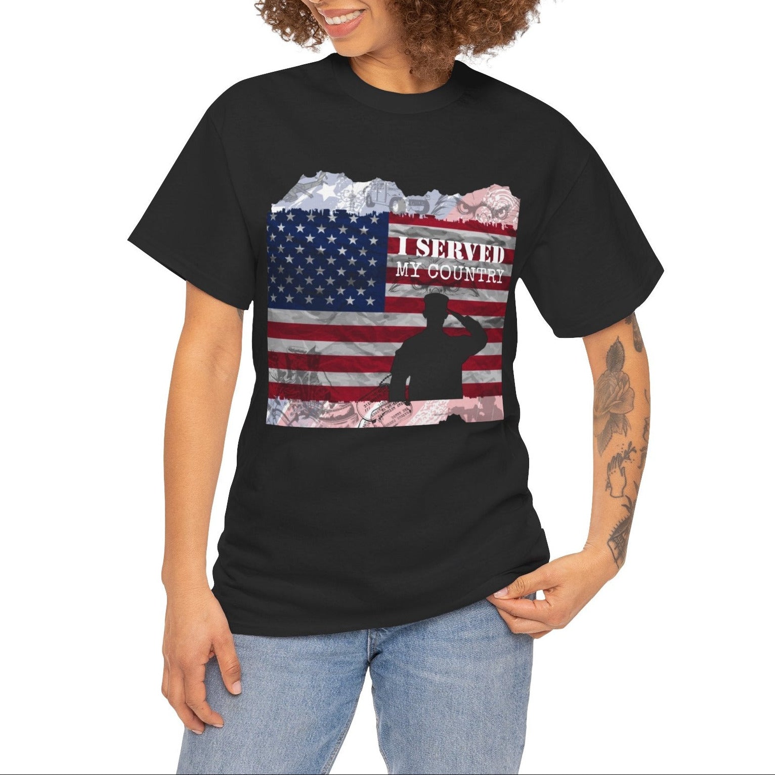 Woman wearing a black t-shirt with a graphic design featuring an American flag and text 'I Served My Country'.