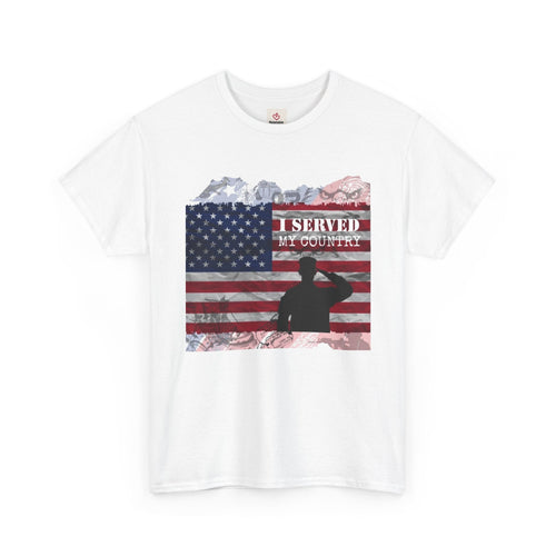 White t-shirt with American flag and text 'I Served My Country' on a white background by Relatable Designs.
