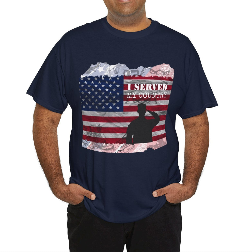 Man wearing a navy blue t-shirt with an American flag and text design on a white background.
