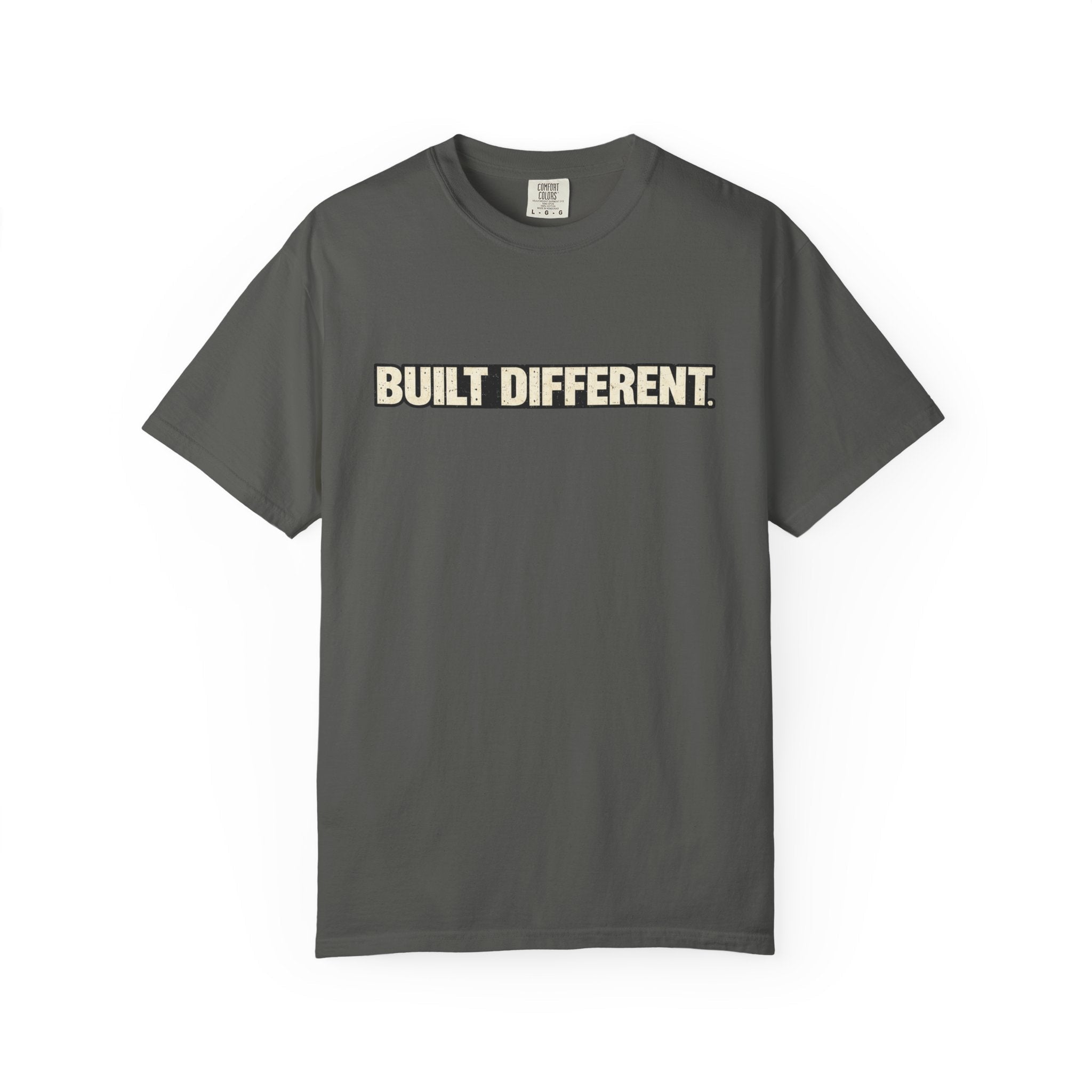 Gray t-shirt with graphic text "Built Different" on a white background