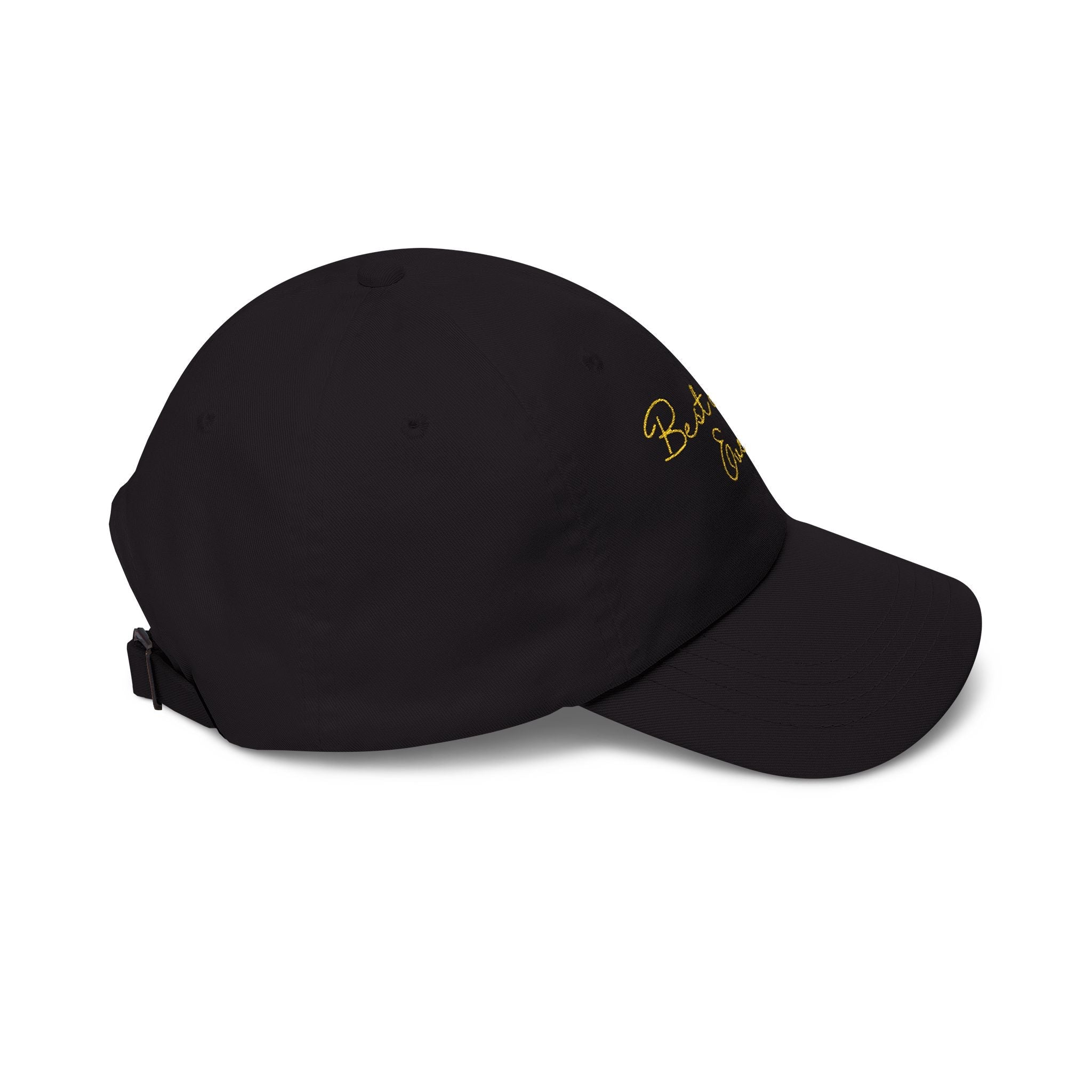 Side view of black cap with "Best Mom Ever" Classic Cap – Embroidered Mother's Day Baseball Hat on a white background 