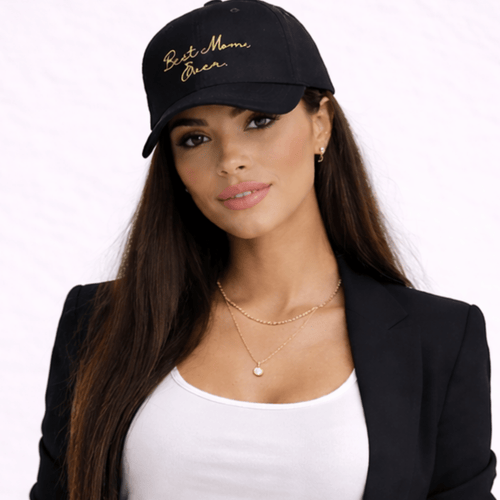 Woman wearing a black cap with 'Best Mom Ever' text, black blazer, and white top on a white background by Relatable Designs