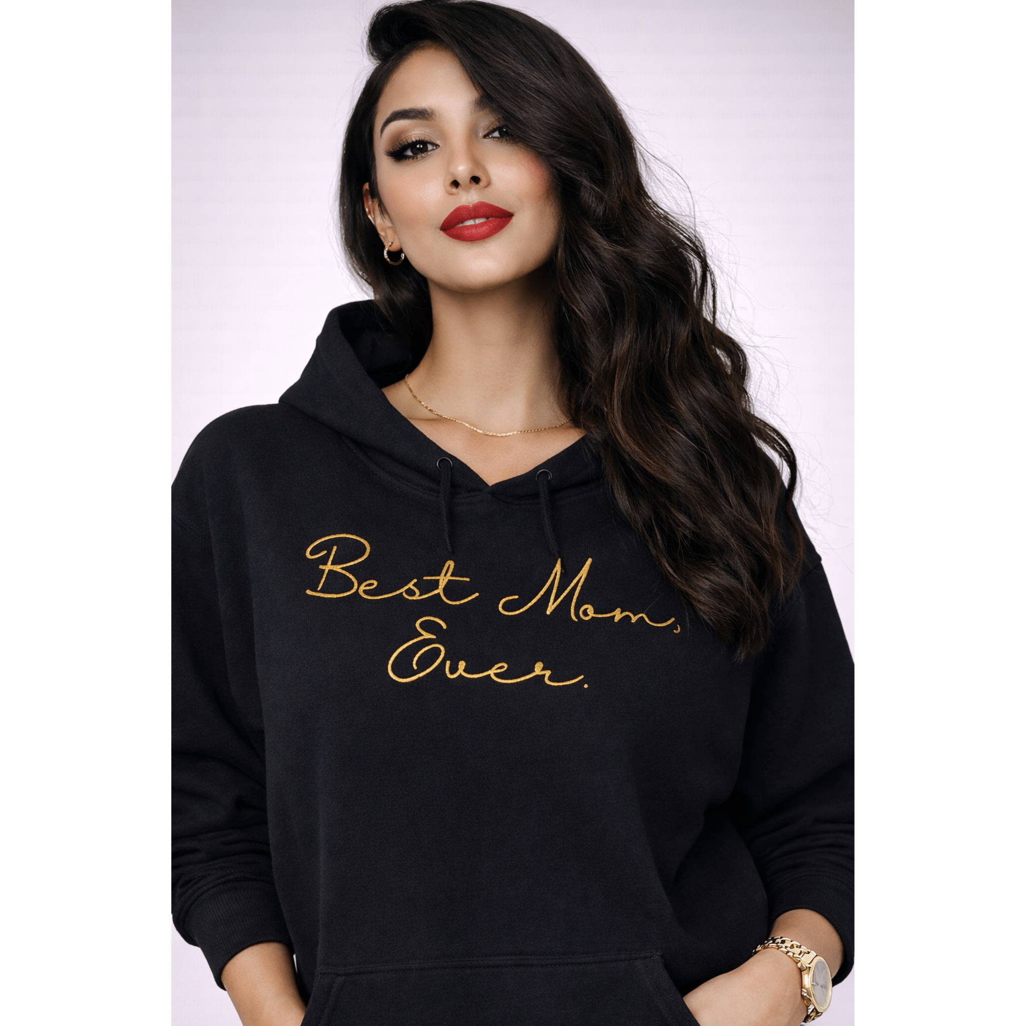 Black hoodie with 'Best Mom Ever' text worn by a model on a white background by Relatable Designs