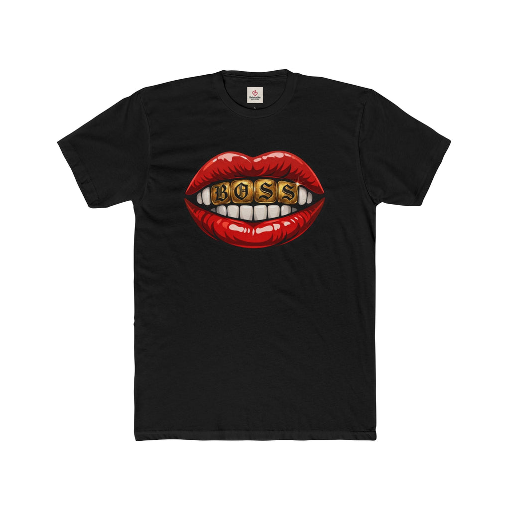 Relatable Designs black t-shirt with red lips graphic bold statement tee front view product mock-up