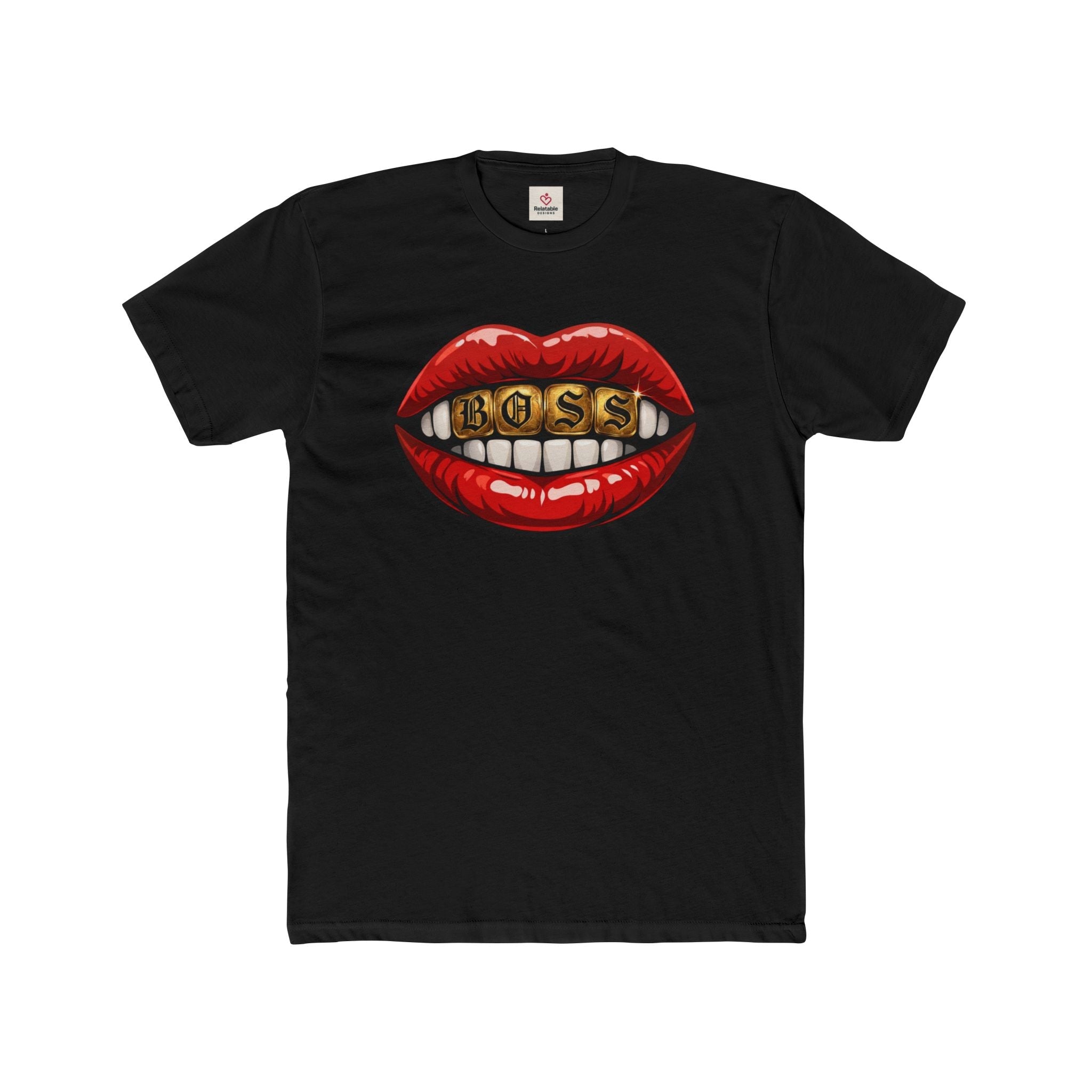 Relatable Designs black t-shirt with red lips graphic bold statement tee front view product mock-up
