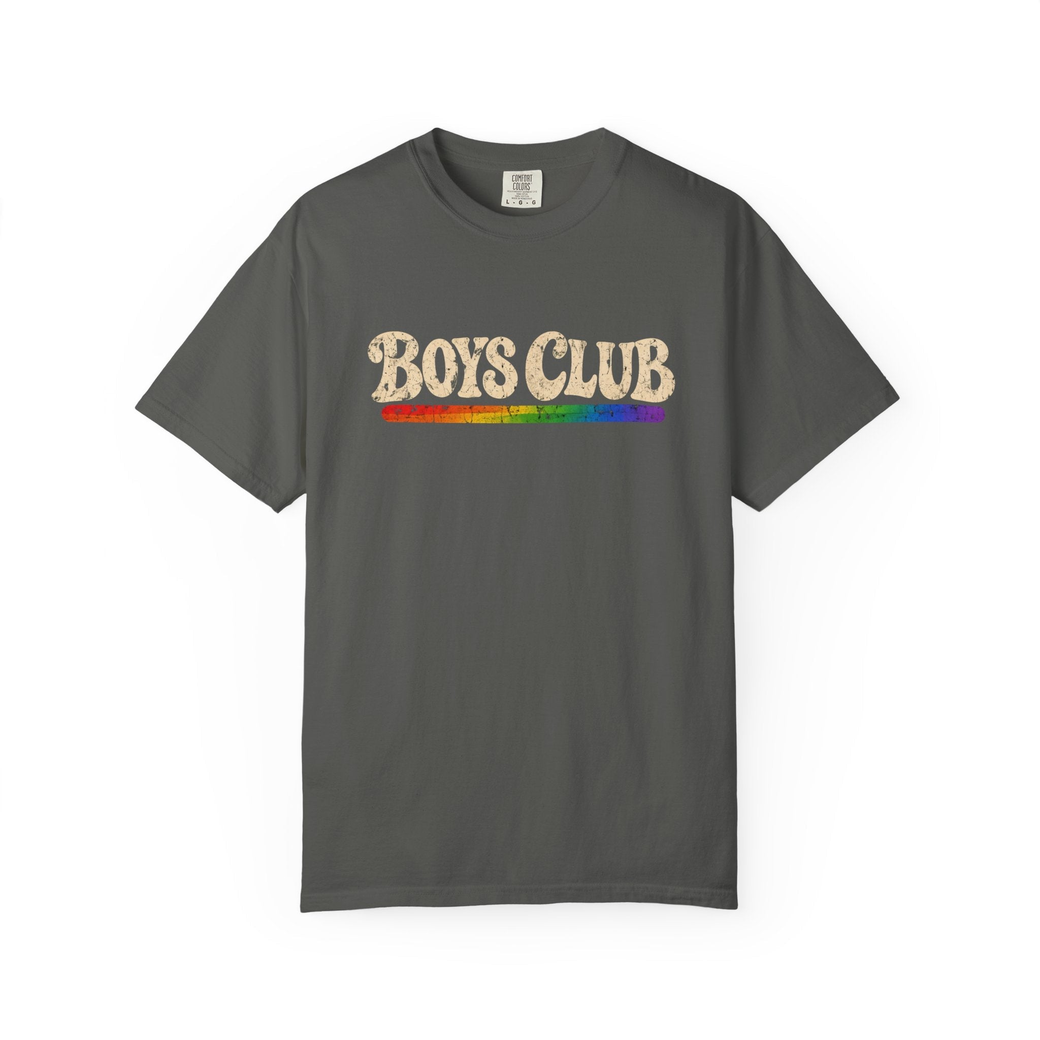 Gray t-shirt with 'Boys Club' text and rainbow stripe on a white background