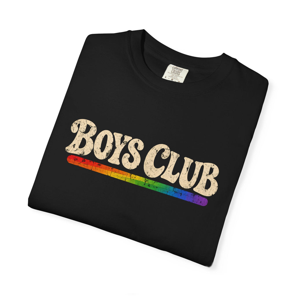 Folded black t-shirt with 'Boys Club' text and rainbow stripe on a white background