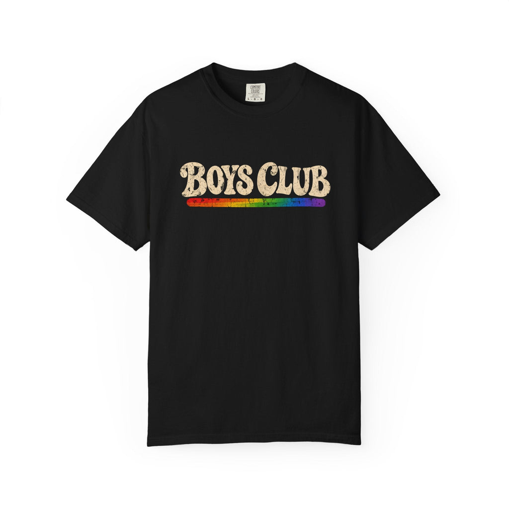 Black t-shirt with 'Boys Club' text and rainbow stripe on a white background