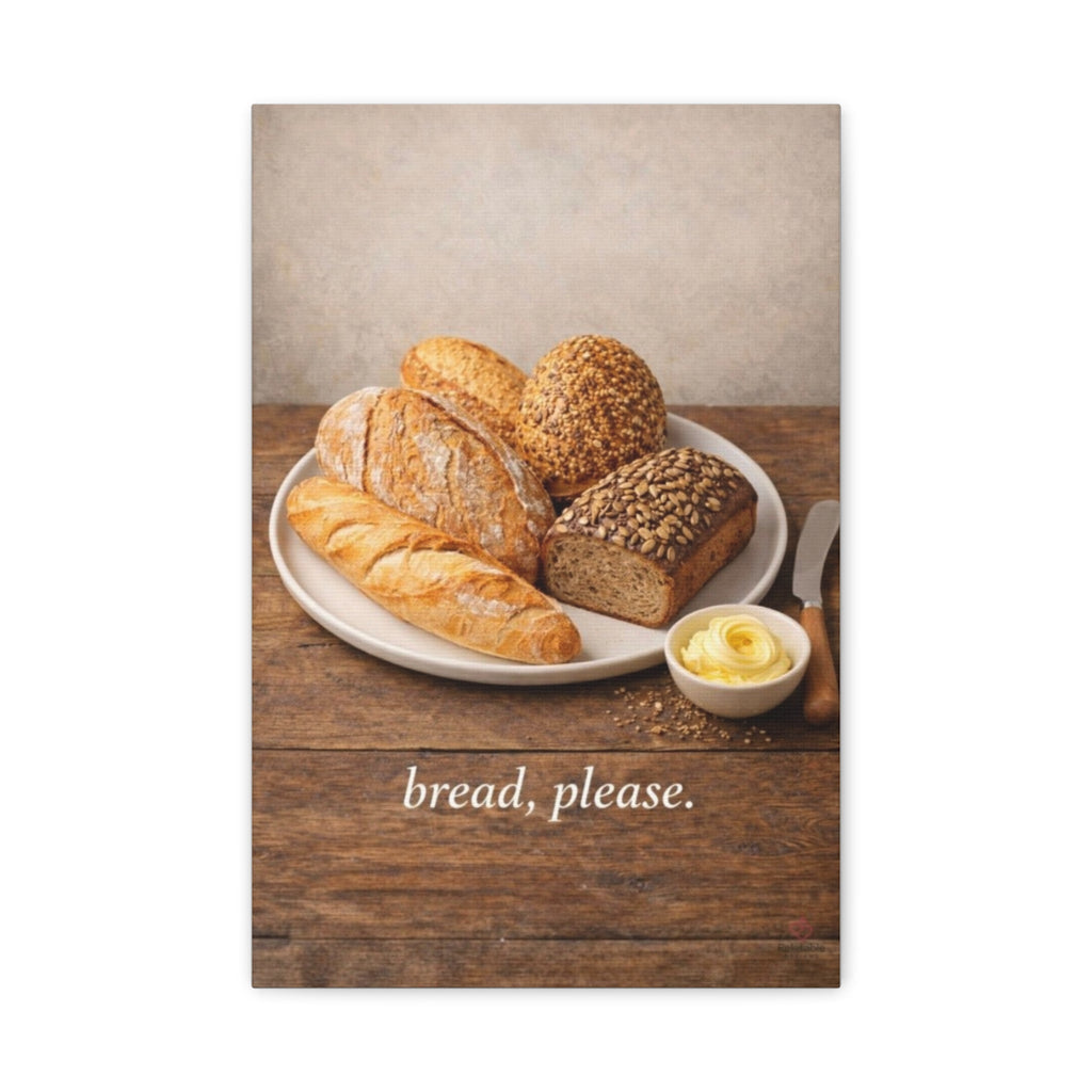 Assorted bread on a plate with a small bowl of butter on a wooden surface, text 'bread, please.' by Relatable Designs.
