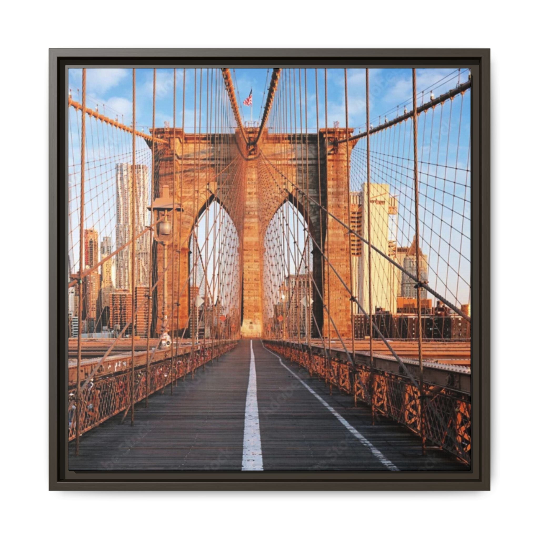 Framed artwork of the Brooklyn Bridge with a city skyline in the background by Relatable Designs. 