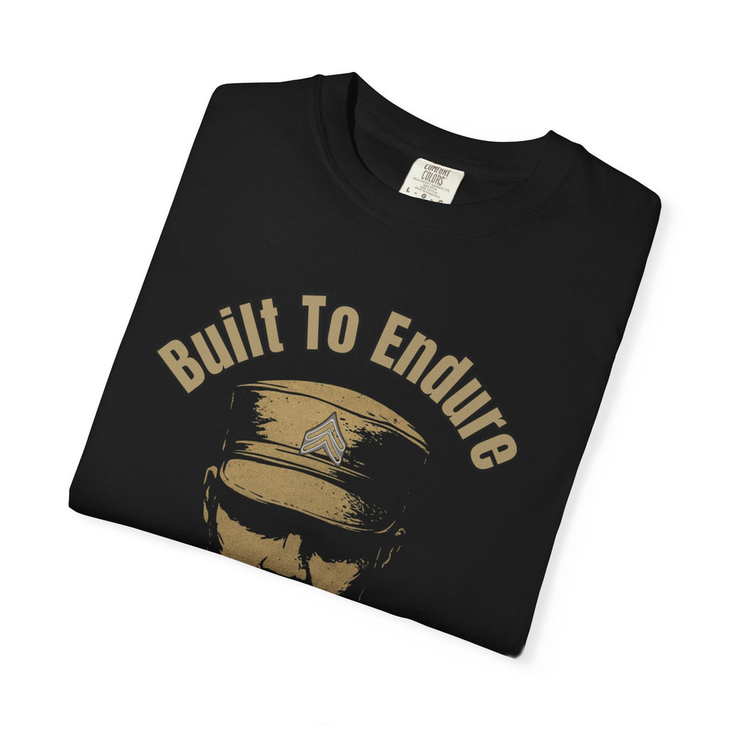 Relatable Designs black t-shirt "Built to Endure" warrior strength graphic folded product mock up