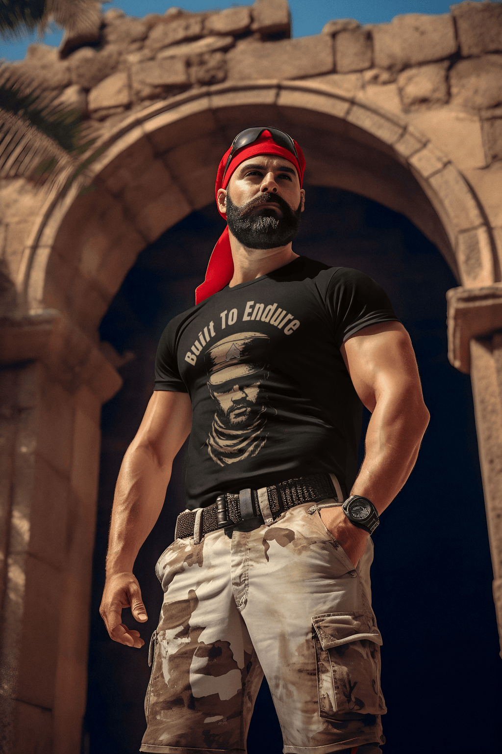 Relatable Designs black "Built to Endure" statement tee warrior design styled with rugged outfit men's lifestyle mock-up
