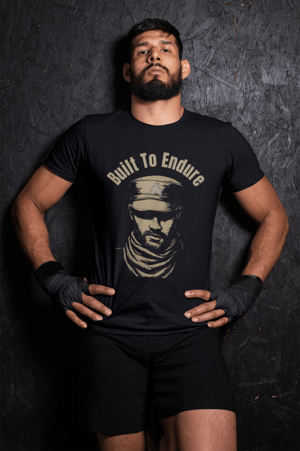 Relatable Designs black "Built to Endure" graphic t-shirt styled with athletic outfit men's strength lifestyle mock-up