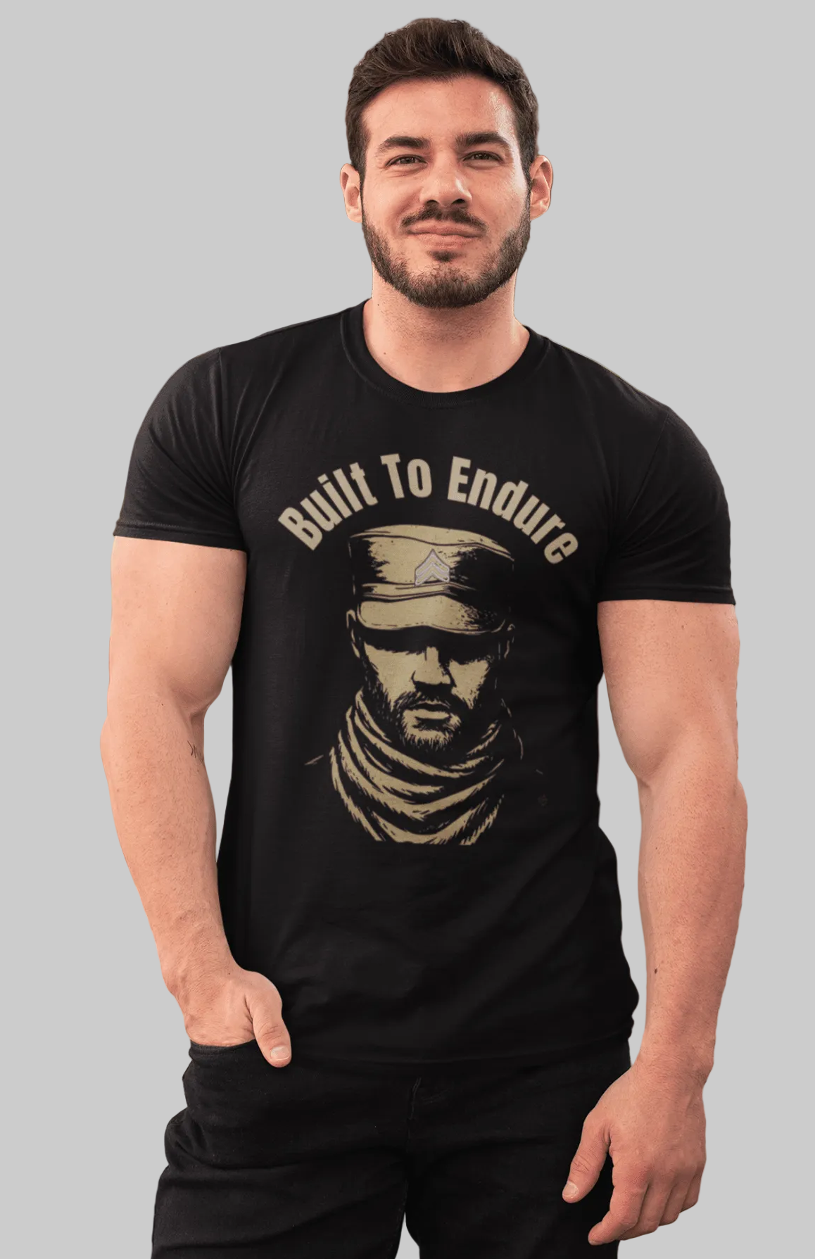 Relatable Designs black warrior graphic t-shirt "Built to Endure" styled with casual outfit men's street wear mock-up