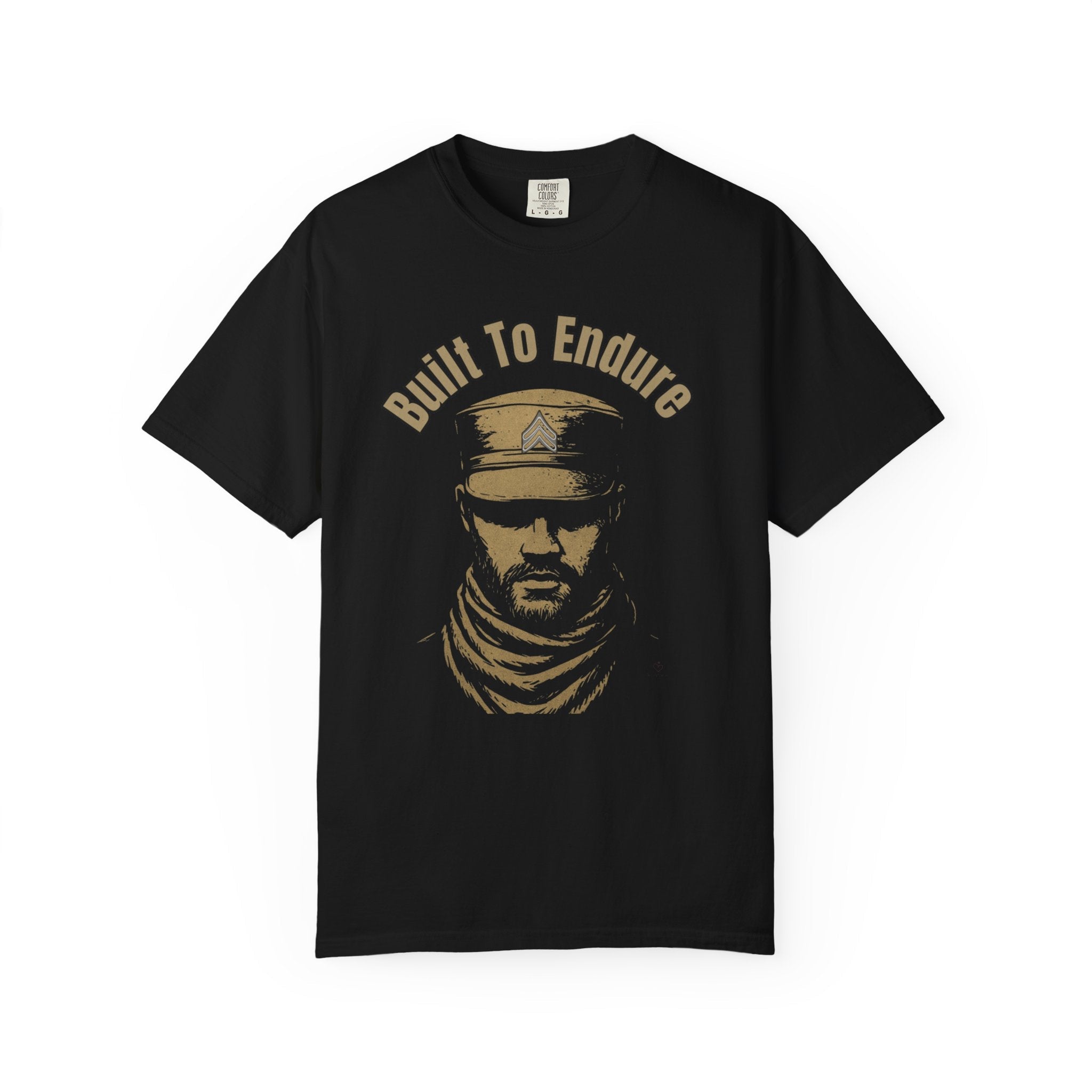 Relatable Designs black t-shirt "Built to Endure" warrior graphic tee front view product mock-up