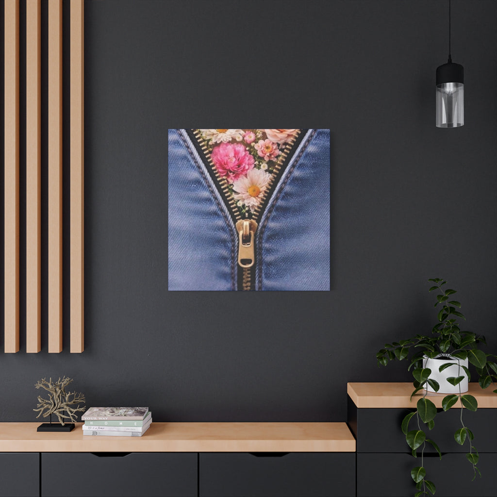 Floral zipper design on denim fabric hanging on a dark wall with a wooden shelf and plant in the foreground.