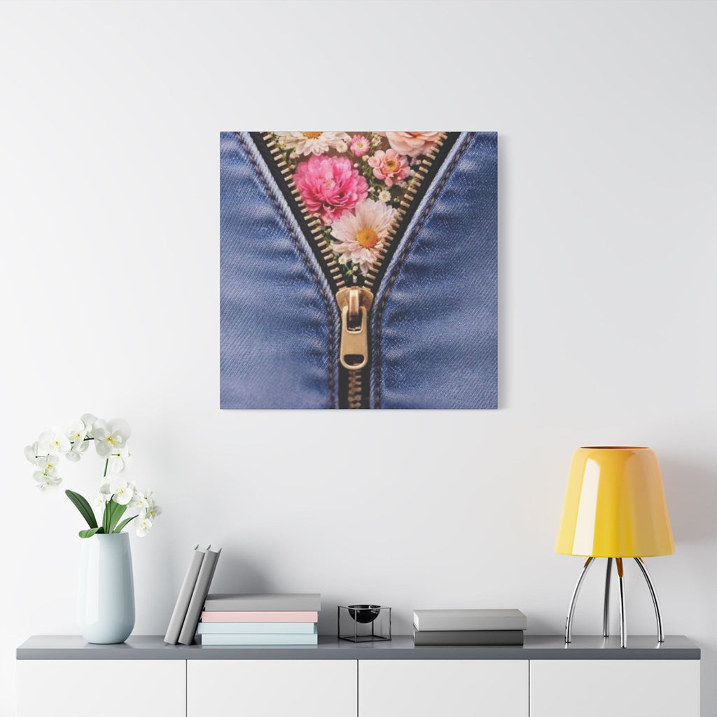 Blue denim zipper artwork revealing a colorful floral bouquet beneath a white wall above a shelf.
