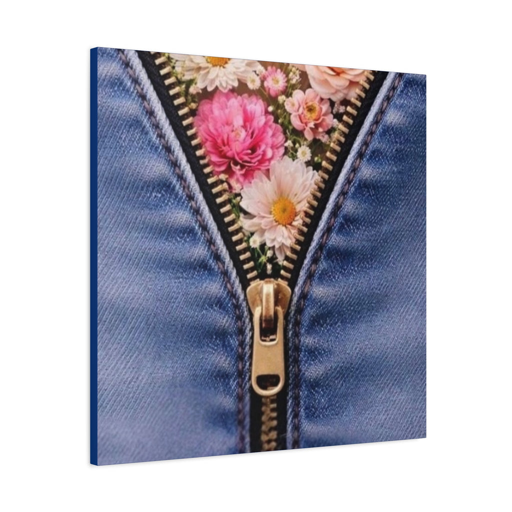 Canvas print of a denim jacket with a zipper featuring revealing colorful flowers on a white background