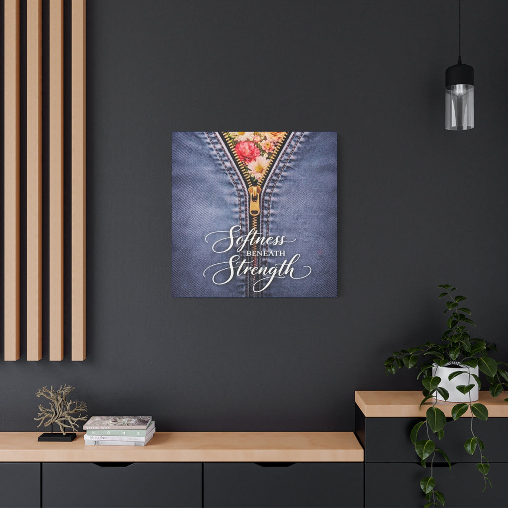 Decorative denim artwork with floral design and text on a dark wall with wooden shelves.