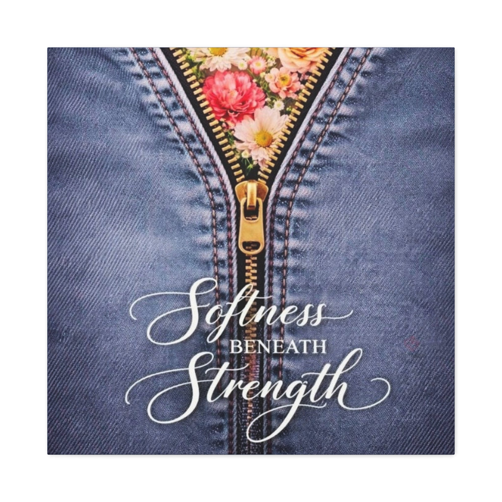 Blue denim zipper wall art revealing colorful flowers with the words Softness Beneath Strength by Relatable Designs