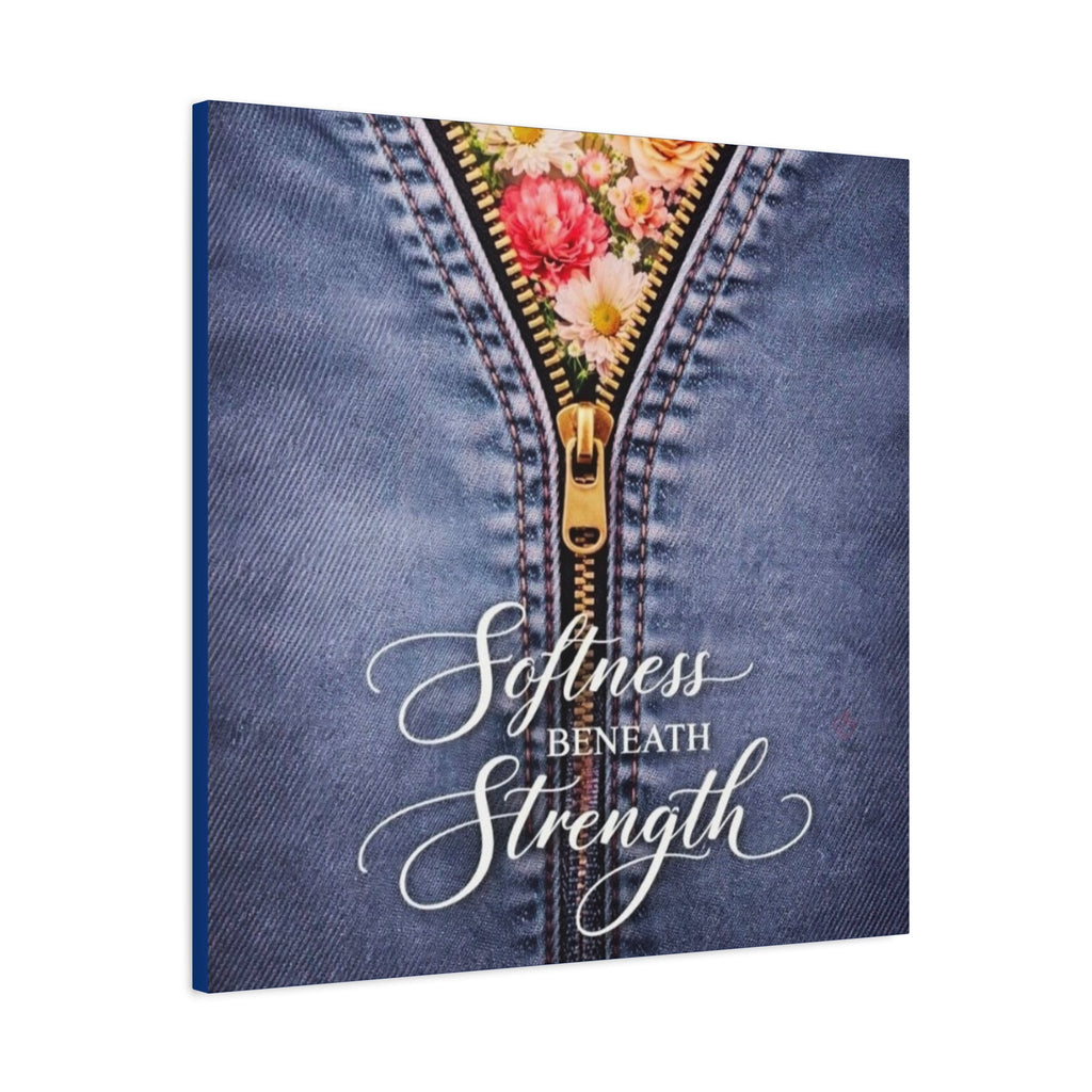 Canvas wall art with denim design and floral zipper, featuring the text 'Softness Beneath Strength'. Side View.