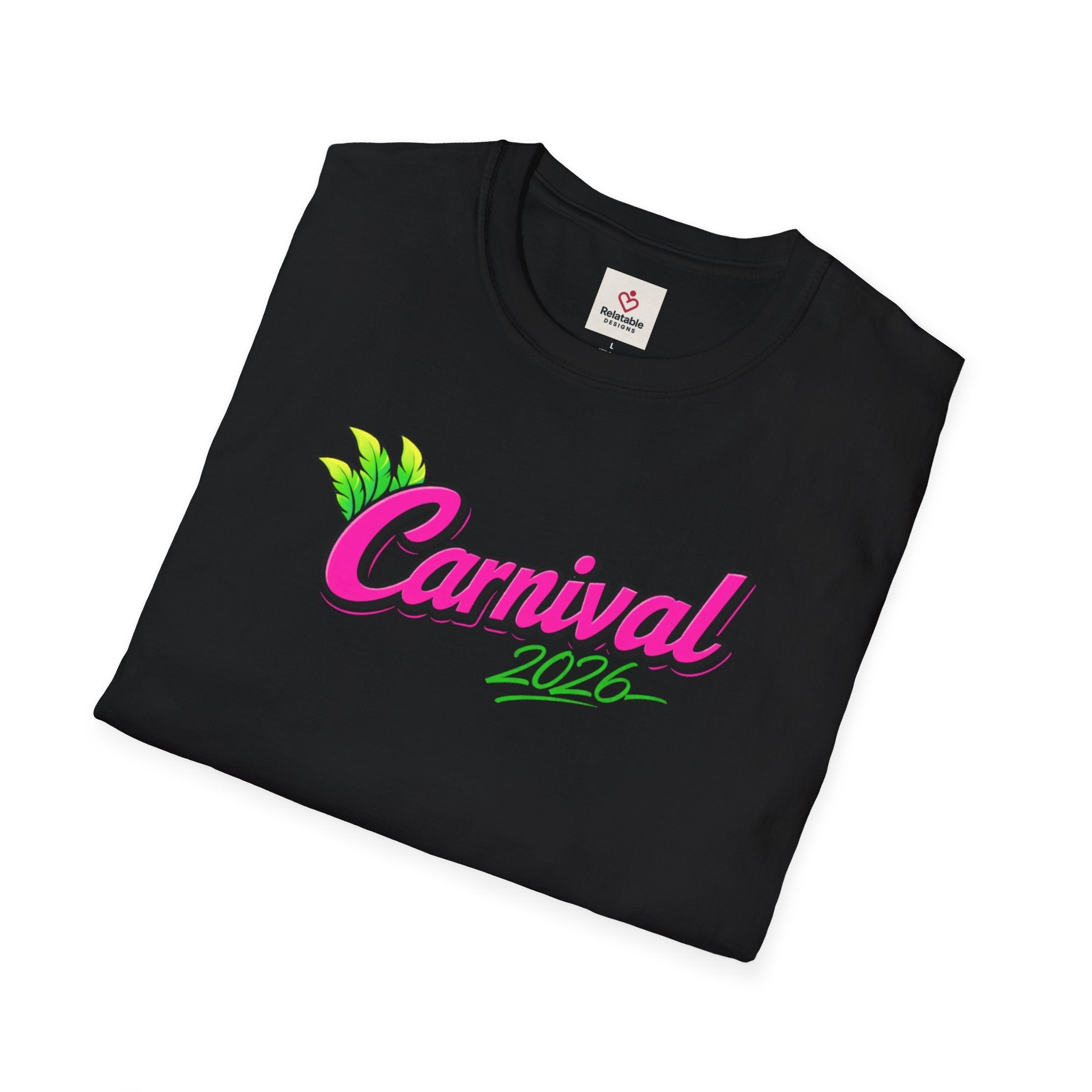 Folded black t-shirt with Carnival 2026 text in neon pink text.