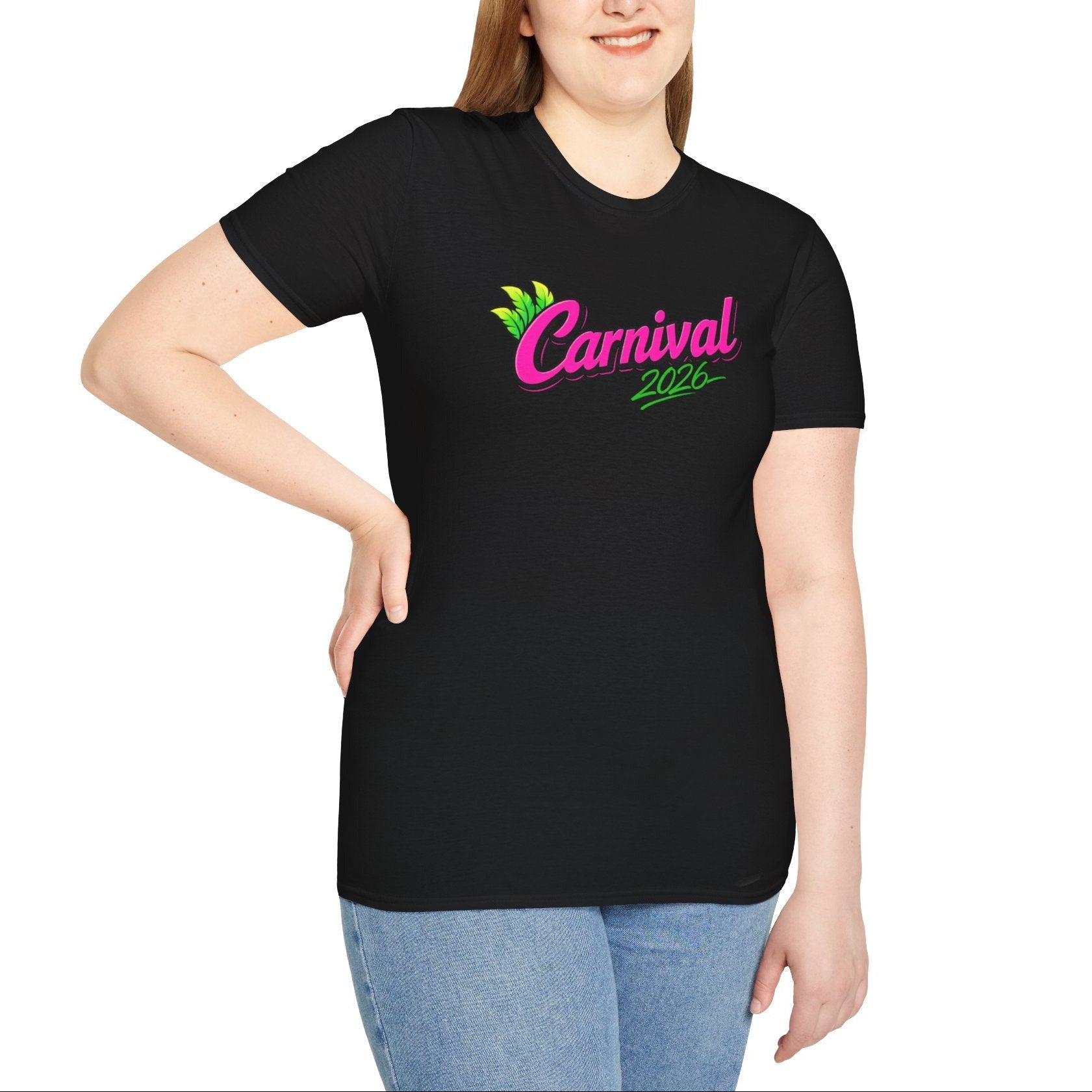 Woman wearing a black t-shirt with neon pink 'Carnival 2026' text on a white background