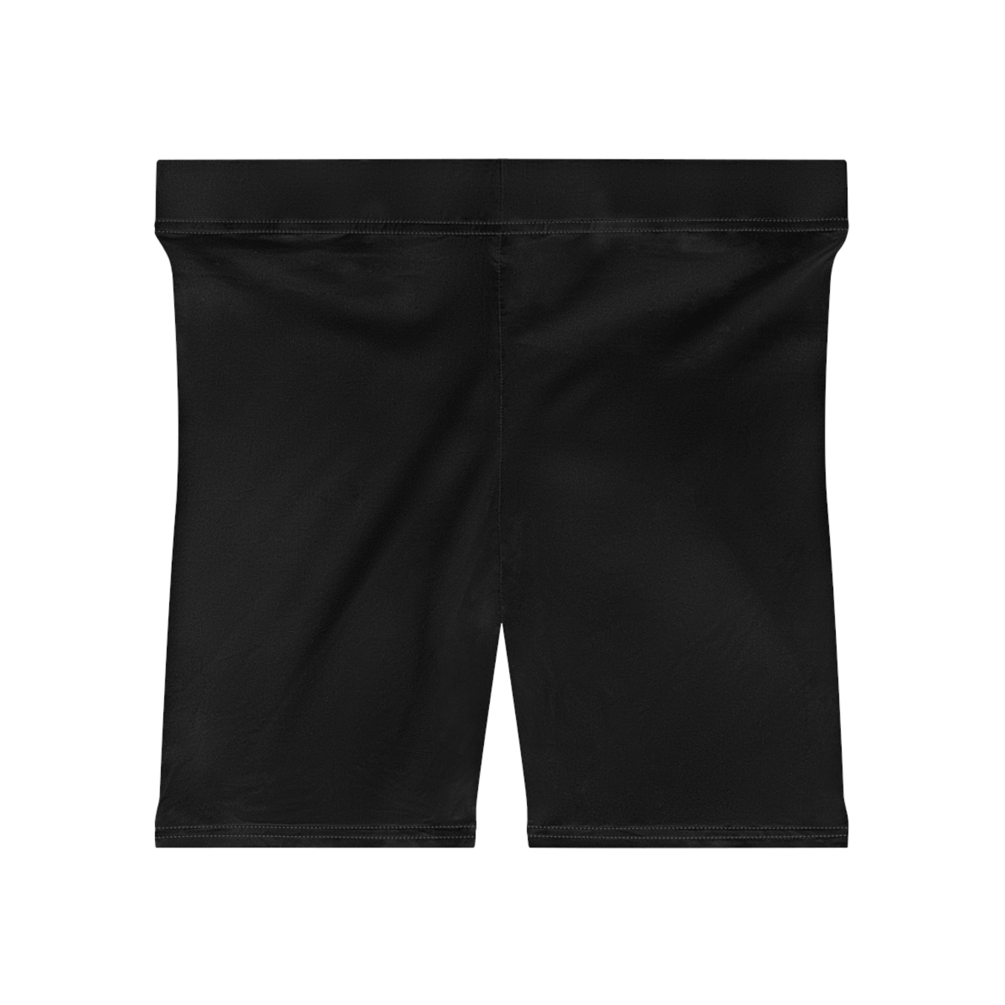 Black active wear biker shorts on a white background for Carnival 2026 design.