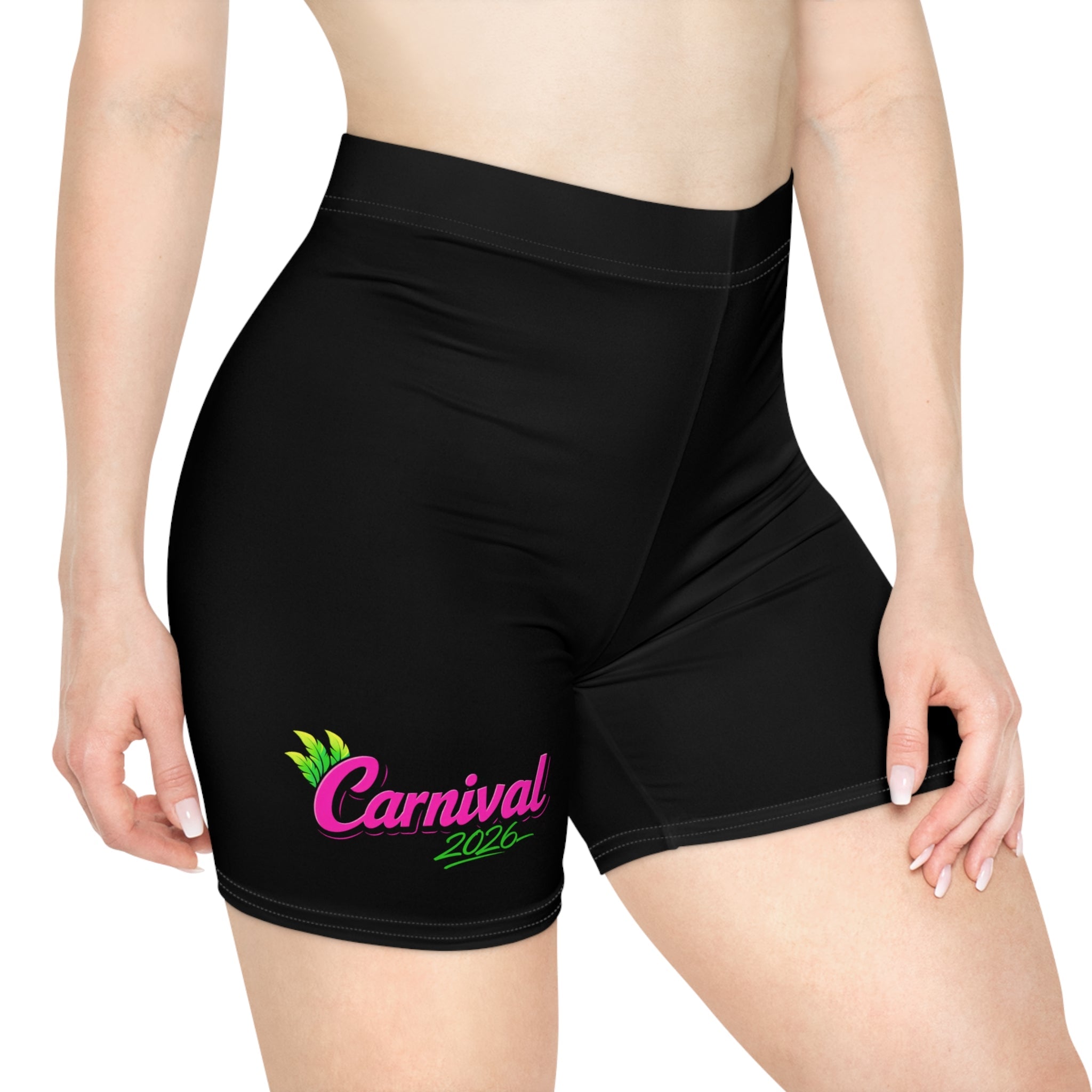 Black shorts with 'Carnival 2026' text in neon pink text on a white background.