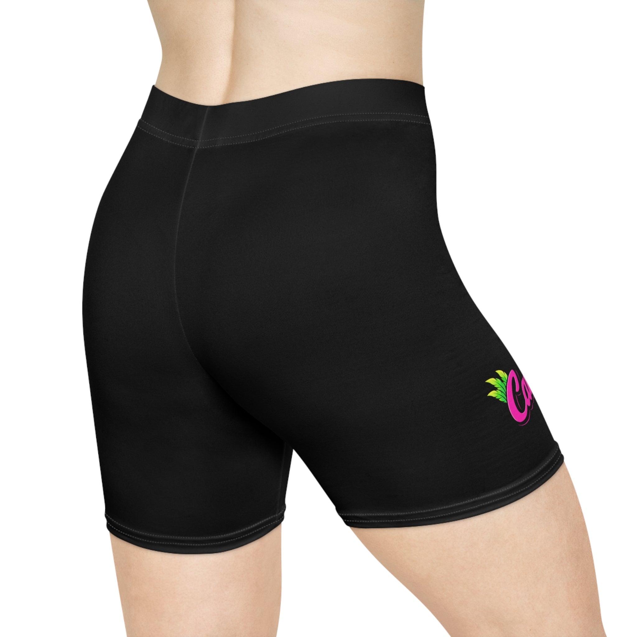 Black Carnival 2026 biker shorts with a colorful neon logo on a white background - back view. 