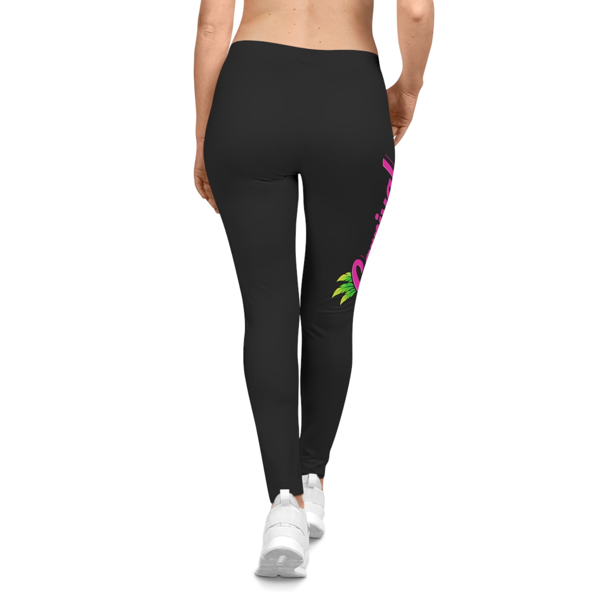 Black leggings with colorful neon designs on side right leg on a white background - back view.