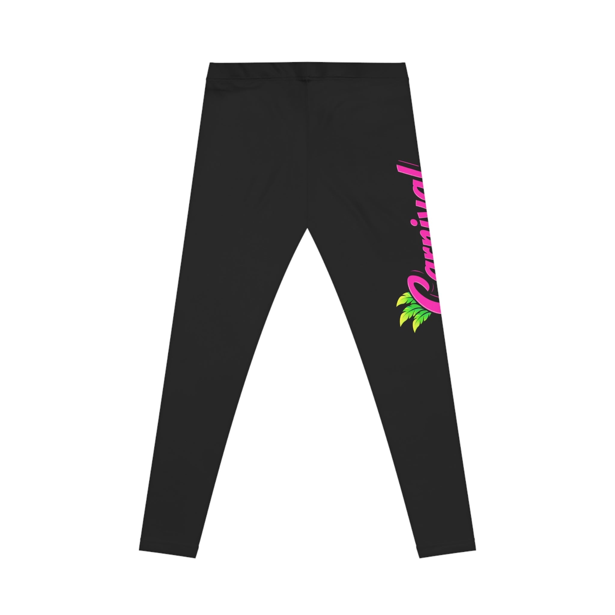 Black leggings featuring neon pink and green Carnival 2026 graphic text with tropical leaf accents along the leg. 