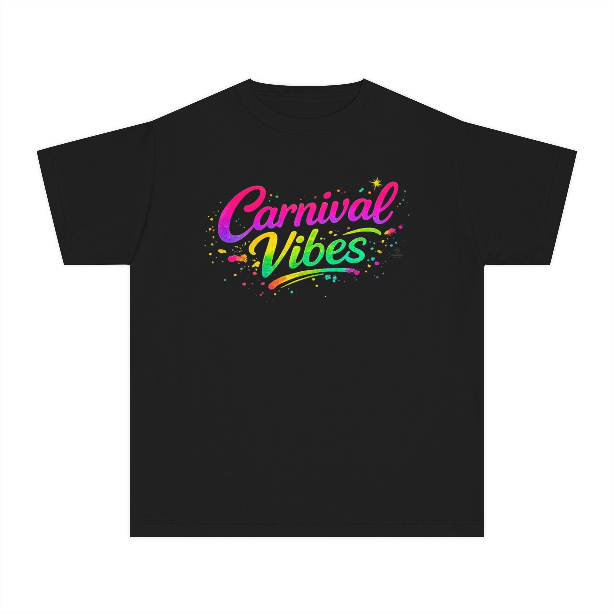 Black 'Carnival Vibes' youth t-shirt with vibrant text in colorful letters on a white background