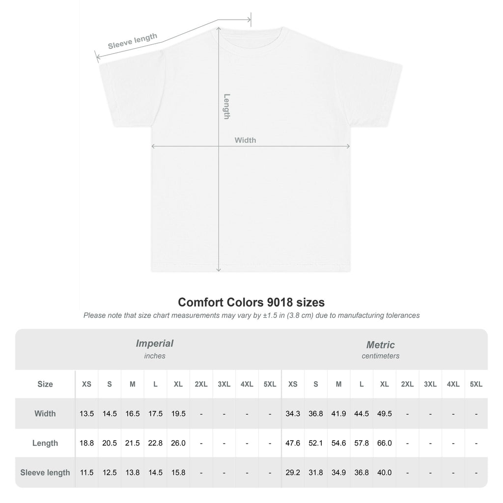 Measurement chart for a white t-shirt with dimensions labeled, including imperial and metric sizes for Youth Carnival Vibes Tee
