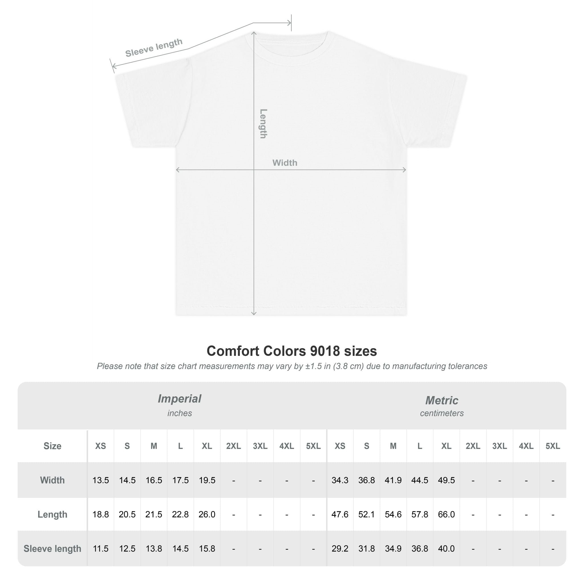 Measurement chart for a white t-shirt with dimensions labeled, including imperial and metric sizes for Youth Carnival Vibes Tee
