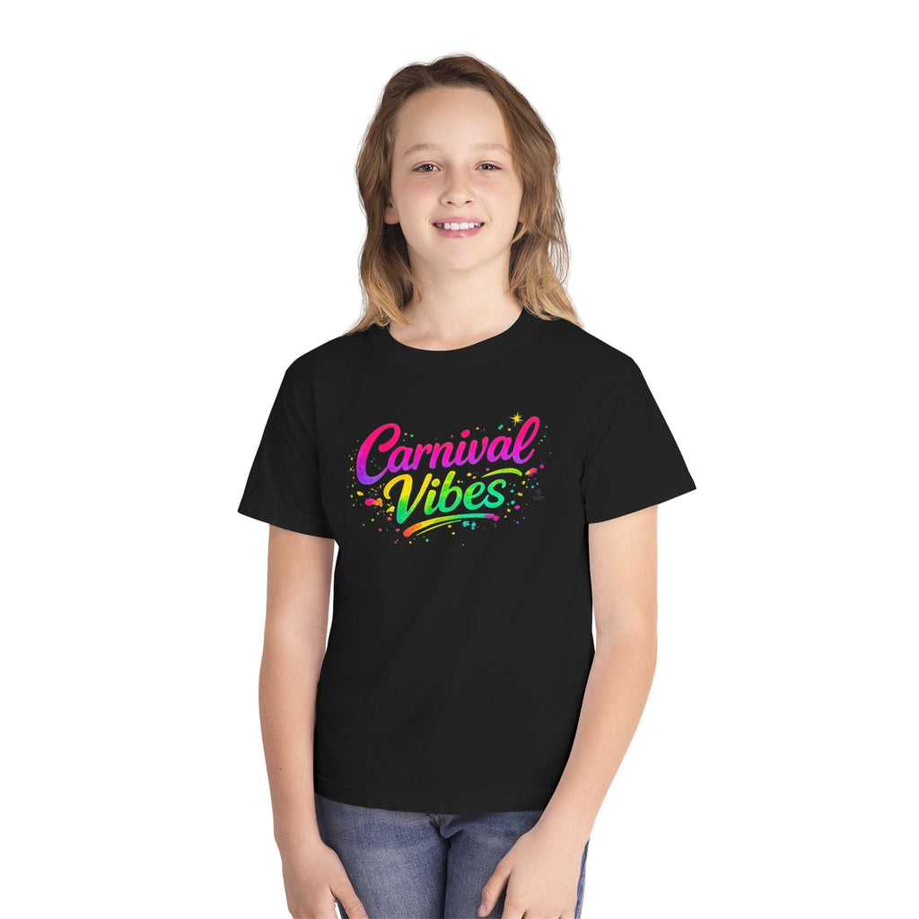 Kid wearing colorful Carnival Vibes design on a black graphic t-shirt 