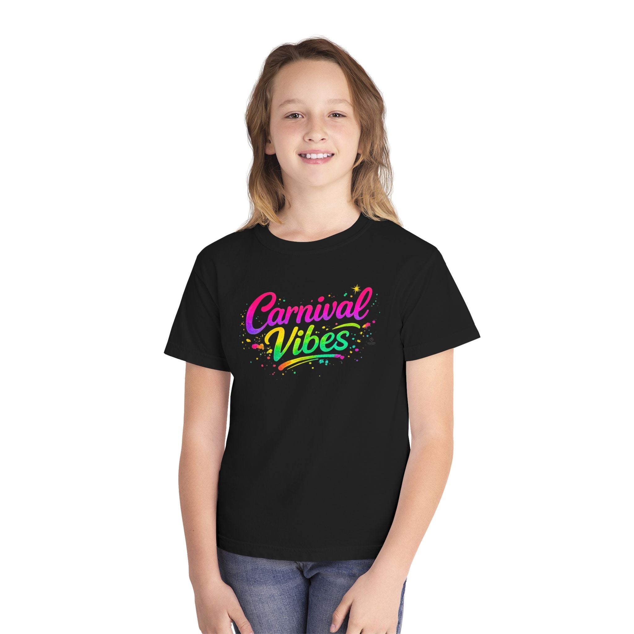 Kid wearing colorful Carnival Vibes design on a black graphic t-shirt 