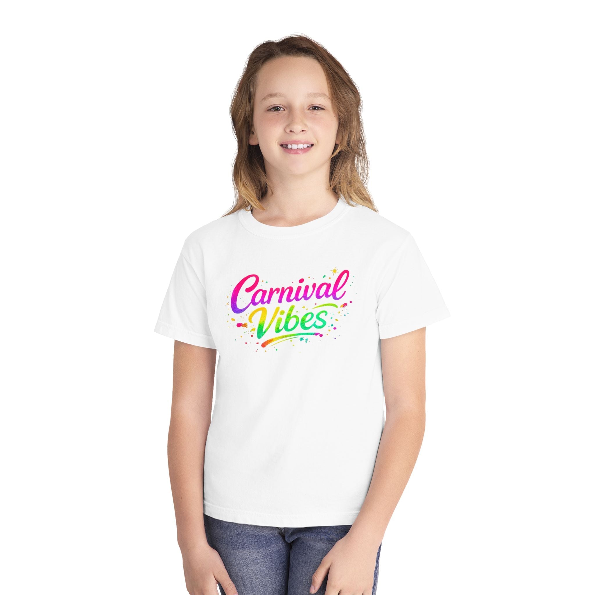 Child wearing a white graphic t-shirt with colorful 'Carnival Vibes' text on a white background by Relatable Designs.